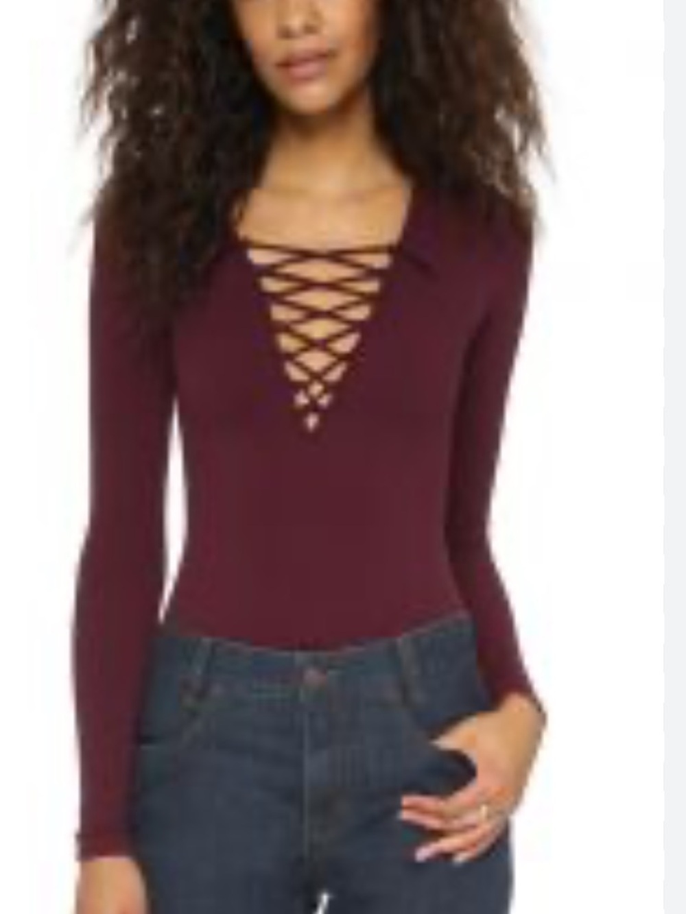 {NWOT} $78 FREE PEOPLE intimately Burgundy red Lace-Up long sleeve top